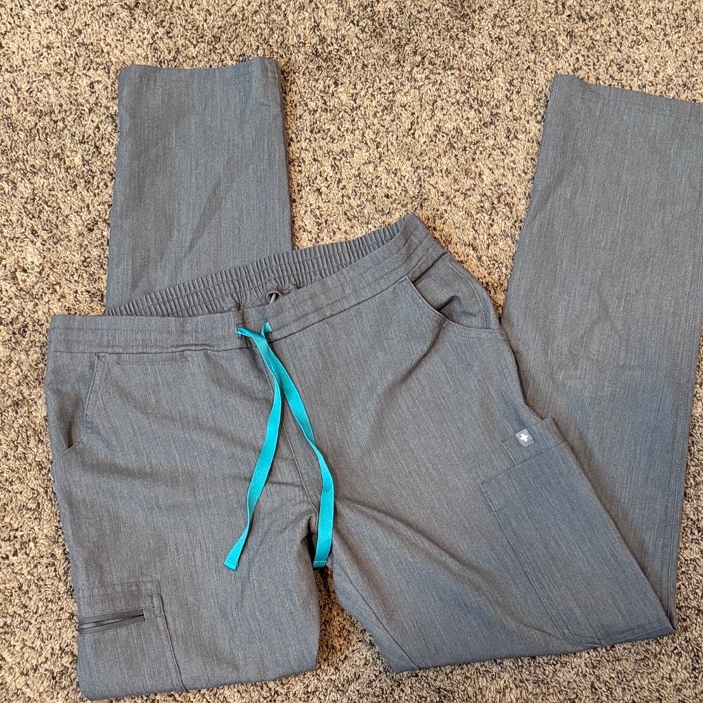 Figs Women's Gray Cargo Pants with Teal Drawstring